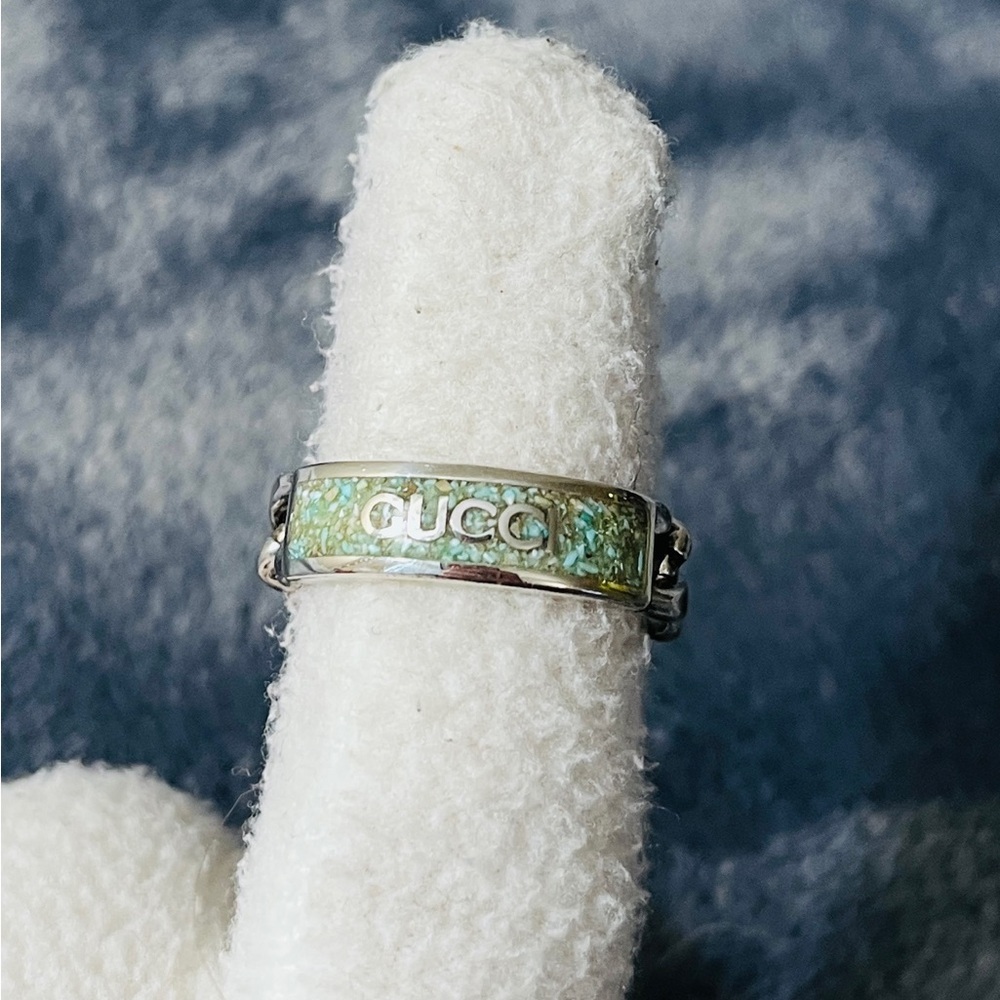 Brand New Gucci Sterling Silver Howlite Enamel Chain Ring - Size 23 US XL 10.25 - Picture 3 of 10